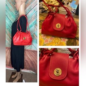 Vintage Red Leather Margolin Satchel With Deco Gold Hardware